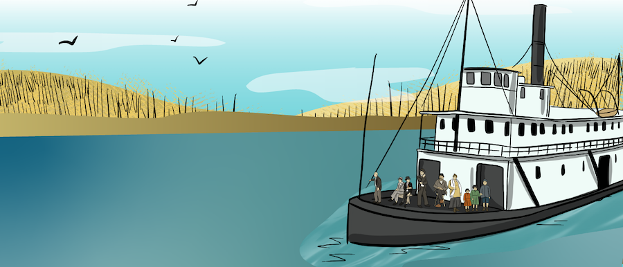 A river steamboat is being used to travel the river system. A group of people can be seen on the deck of the boat. 