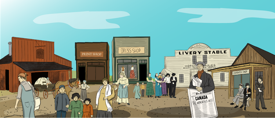 A town's main street is shown with a blacksmith shop, a dress shop, a print shop, a livery stable, and a carpenter shop. There is a horse and wagon and many people waking around. 