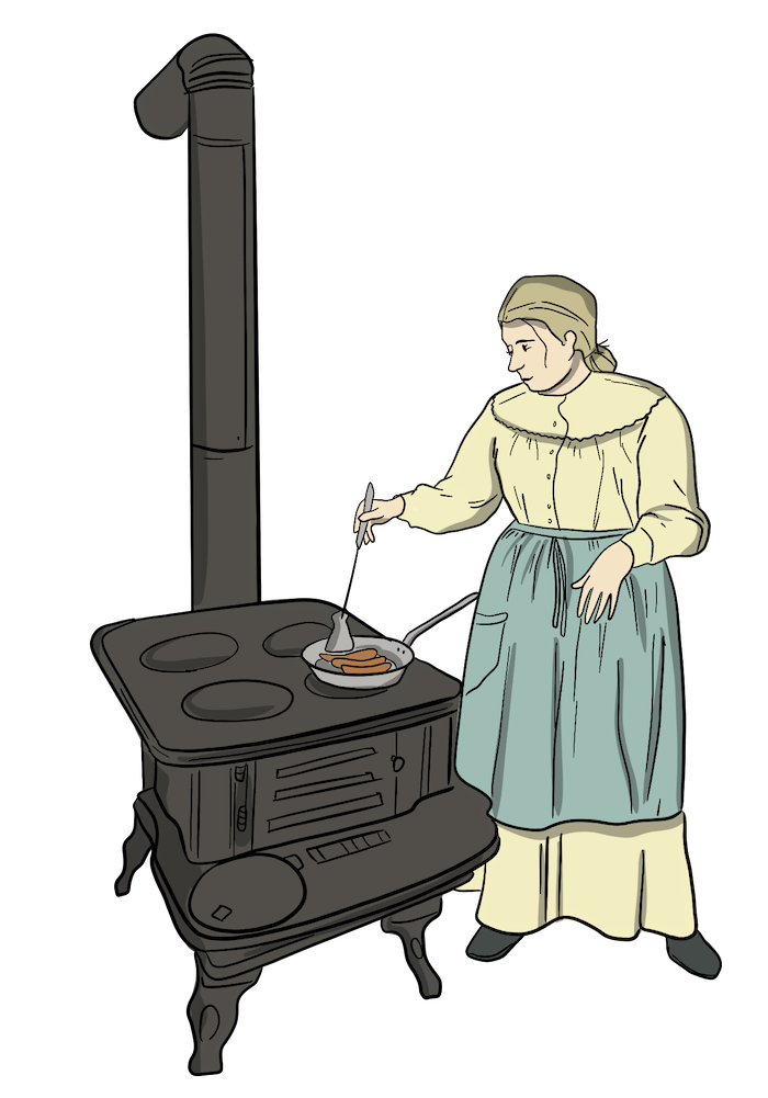 An illustration shows a woman standing next to an iron stove, while cooking sausages on a frying pan. 