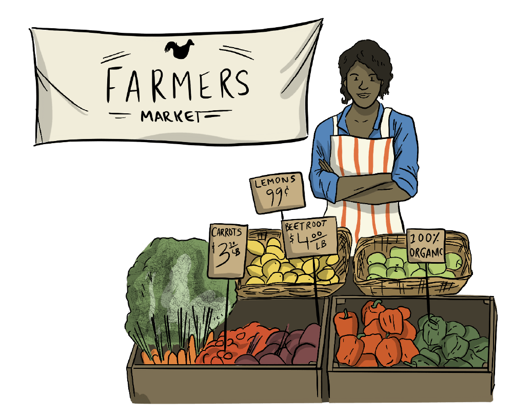 Lady in front of a farmers market booth.