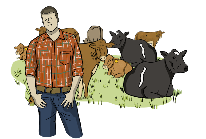 An illustrated young farmer is standing in front of his herd of cows.