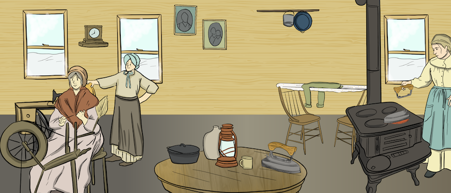 Three women are working inside of a home doing some sewing, ironing of clothes, and one is spinning yarn. 