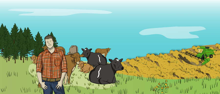 A herd of cattle are grazing in a pasture, while two ranchers are riding their horses in the pasture to check the cattle.