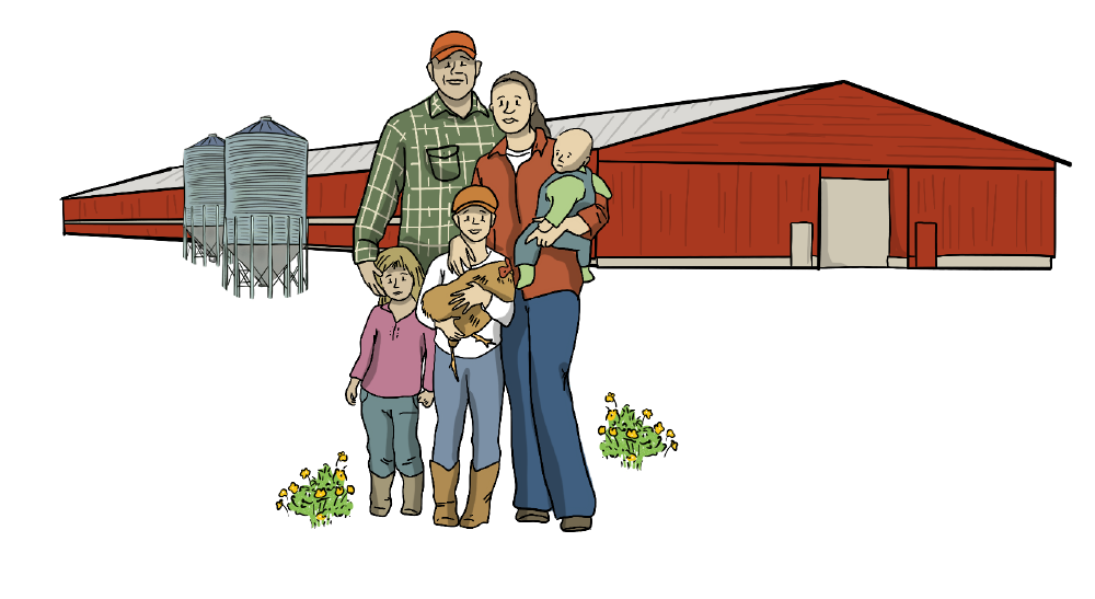 An illustrated farm family stands in front of their red poultry barn. The family consists of a mom and dad, and their three children. Three chickens stand near the family. 