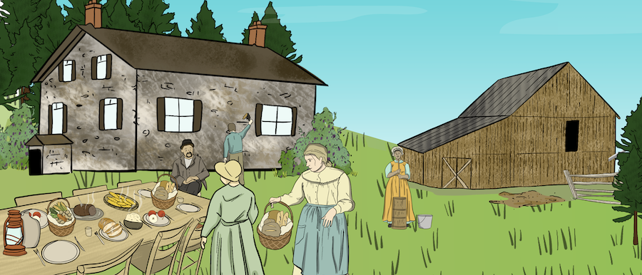 An illustration shows the interior of a house with a small iron stove, a sewing machine, a couple cabinets, a bed in the corner, and a dining table with dinner ready to eat on it. 