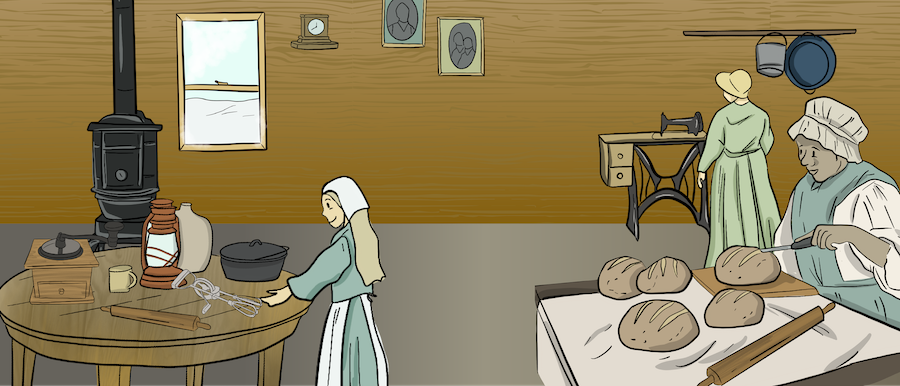 The inside of  a settler home is shown with one woman standing by a stove. Another girl is standing at a dining table, with a bunch of household items including a lantern, a dutch oven, etc. 