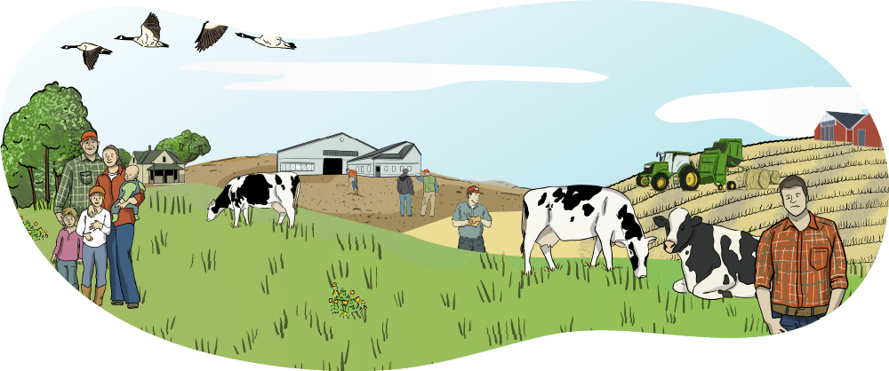  An illustrated farm family with a mom, dad, and three children stand in front of a large, modern farm in the background. Another farmer wearing a plaid red shirt and blue jeans also stands in the foreground. The farm has three large barns and a farmhouse. There are other employees scattered around in the background, doing work on the farm. Dairy cows graze near the family.