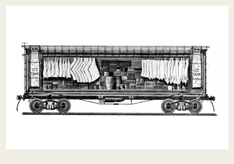 This is an illustration of how the inside of a refrigerated rail car looks like from the side including the ice tanks at the front and back to help all of the food bins and barrels stay cold.