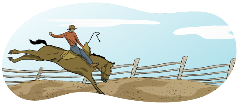 Past-Ranching-Rodeos-Associationsbean An illustrated cowboy with a cowboy hat rides a horse with a saddle on it, as it bucks its hind feet into the air.