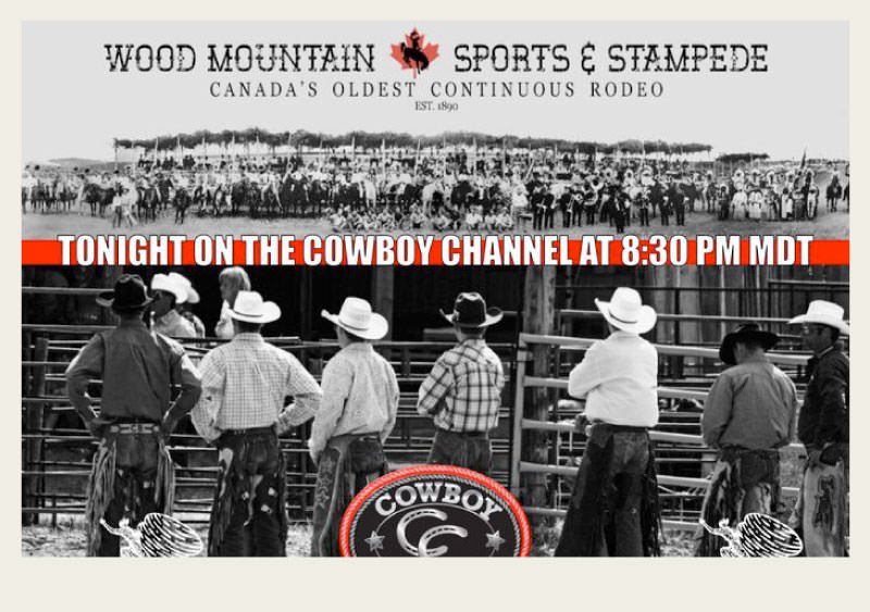 Past-Ranching-Rodeos-WoodMountain A advertisement for the Wood Mountain Rodeo is shown with a group of modern cowboys that have their backs to the camera. On the top of the image is a photo of the people who attended the rodeo in the early 1900s.