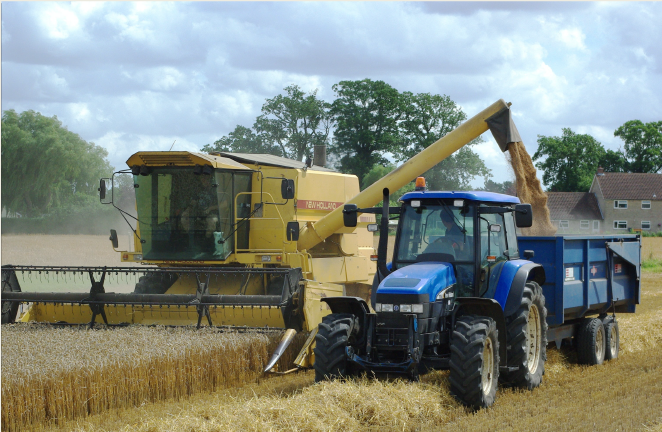 A yellow combine is operating in a field, while dumping grain into a blue grain cart that is driving next to it.
