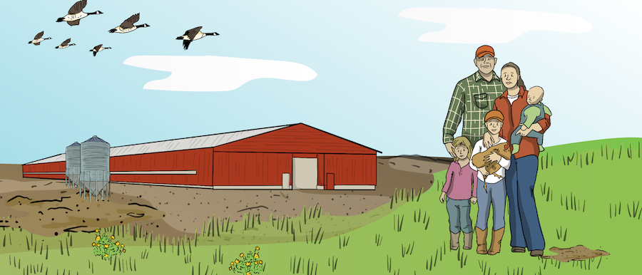 A chicken farm family is standing in front of their chicken barn.