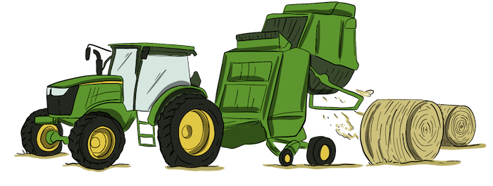An illustrated green tractor pulls a baler, with a bale being completed and popped out the back.