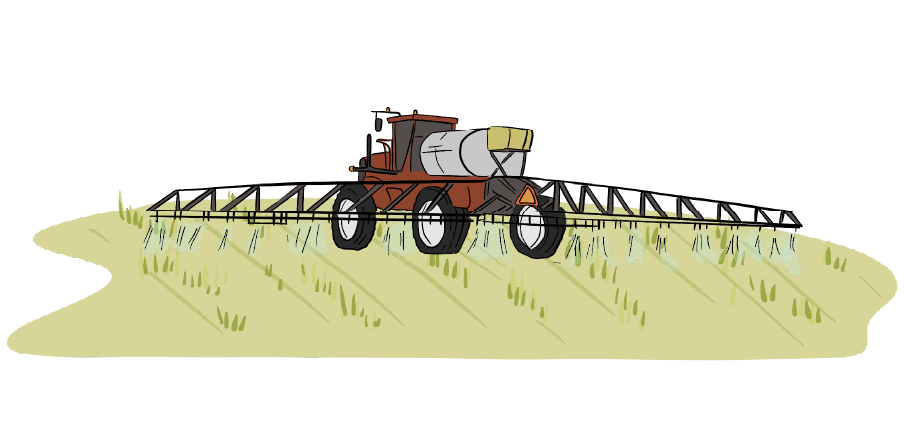 An illustrated red farm sprayer has its booms out to each side to spray the field that it is operating in.