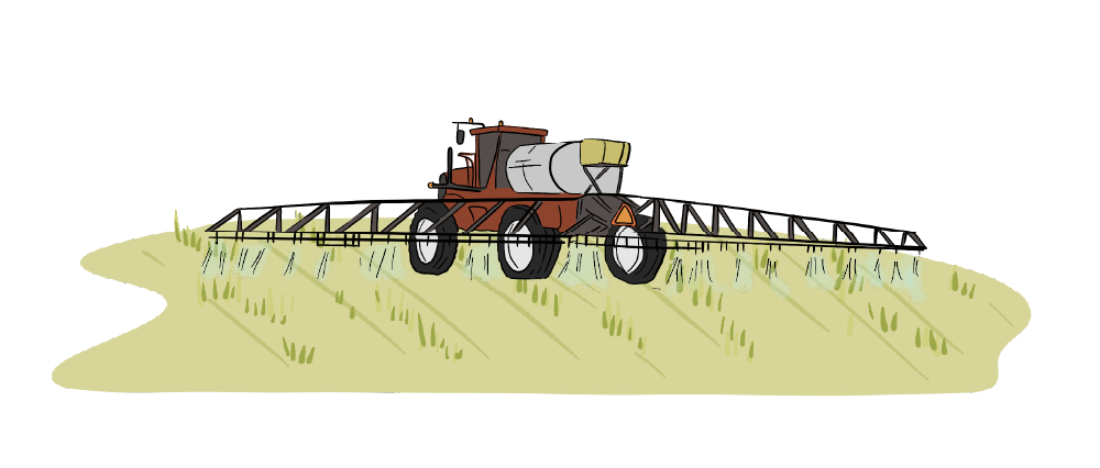 An illustrated red farm sprayer has its booms out to each side to spray the field that it is operating in.