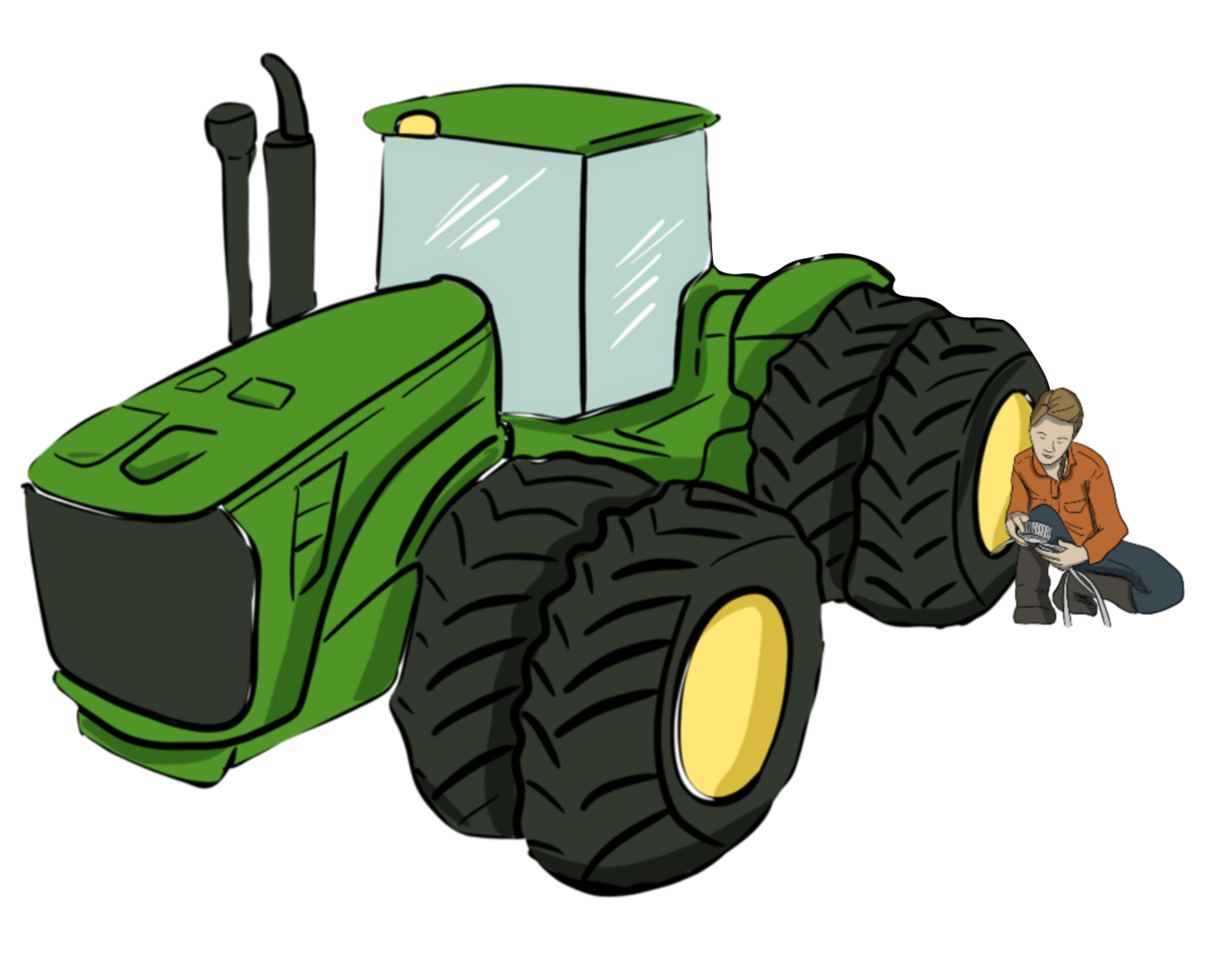 An illustrated mechanic kneels down to fix a tractor tire. The tire is still attached to a large green tractor.