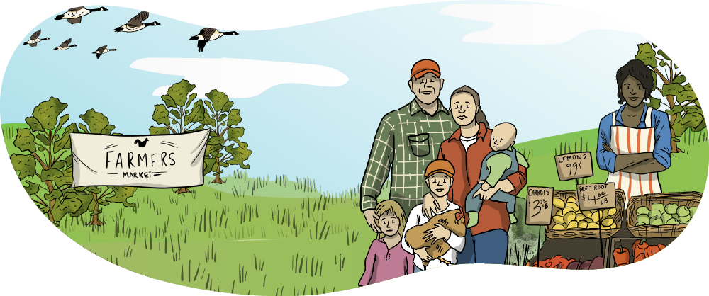 An illustrated farm family with a mom, dad, and three kids stand next to their booth at the Farmers’ Market. Their booth is full of vegetables and has a young woman with an apron is working behind it. 