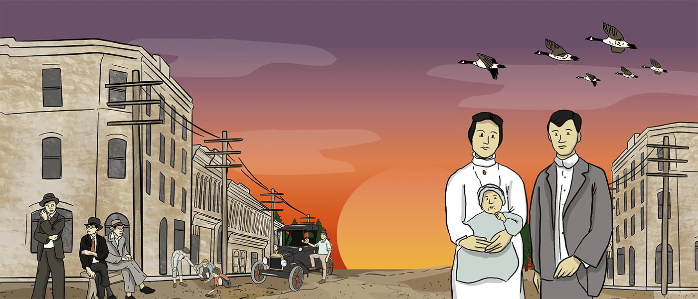 An Illustrated Chinese couple and their baby stand in front of a busy city street.