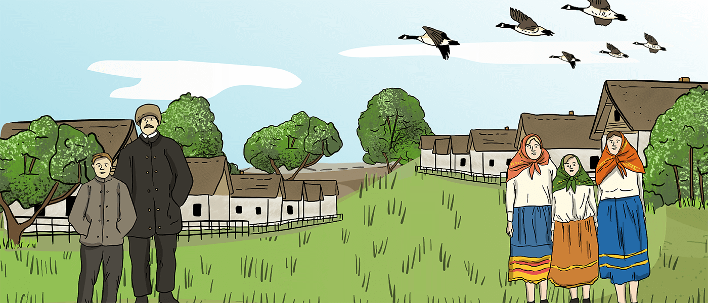 An Illustrated mother and father and their two daughters and one son are standing together wearing traditional Doukhobor clothing. In the background are two rows of small farming village houses that Doukhobors live in.