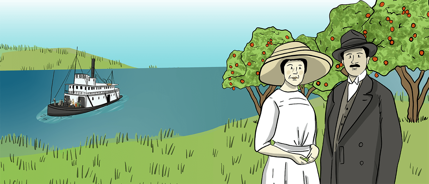 An illustrated couple is standing together wearing nice clothes in a grassy meadow. There is a river in the background with a ship on it. 