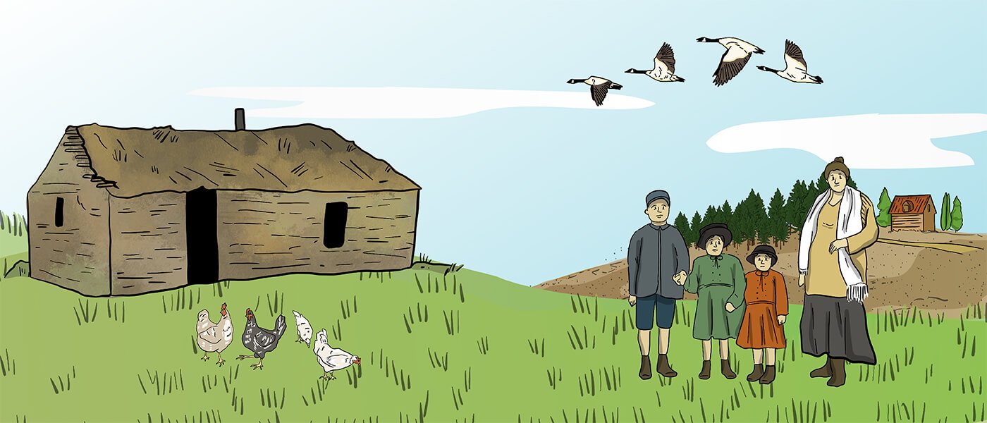 An illustrated Hungarian mother and her three children stand in front of their sod home. Rolling hills and a neighbouring homestead can be seen in the background.