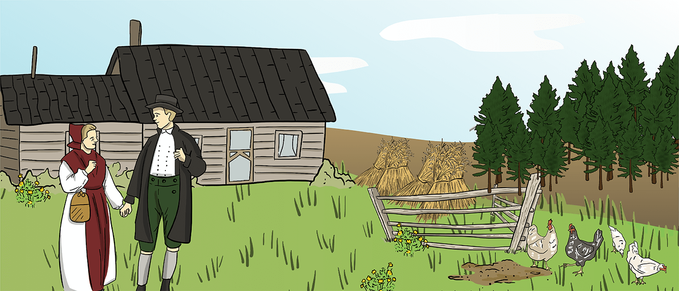 An illustrated Scandinavian couple wearing a traditional outfit stands in front of their homestead that has a wooden farmhouse, stooks of grain, and a bunch of chickens gathered.