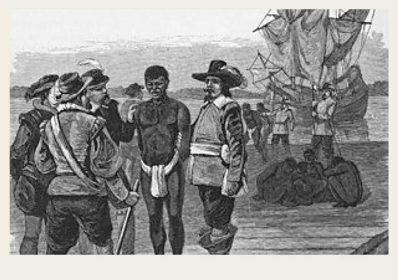 Past-Immigration-AfricanCanadians-History-etching An illustration of a slave being traded with his hands tied behind his back. There are four other men talking beside him. There’s a sail ship in the background.