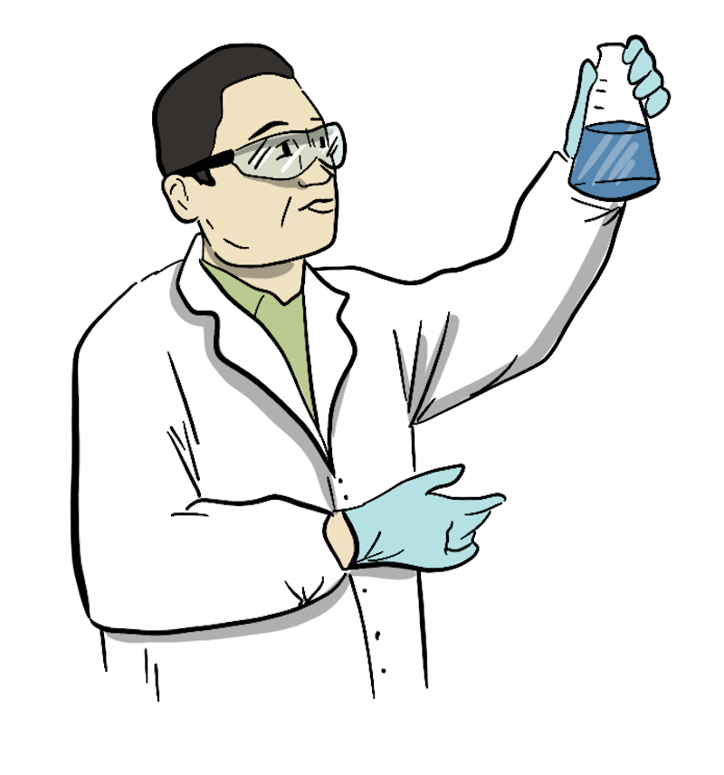 An illustrated Chinese scientist has his safety gear on as he works on a project.