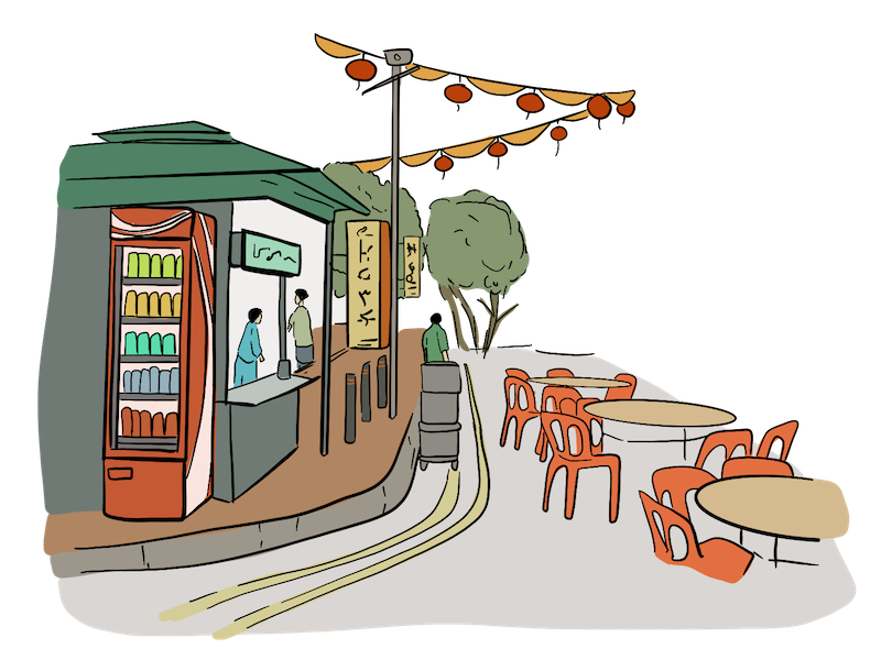 An Illustrated city street in Chinatown shows Chinese people, businesses, food, and decorations.