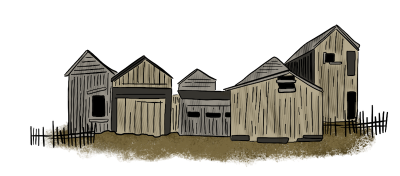 An illustrated group of cramped, tiny shacks are shown to show the type of living conditions Chinese railway workers experienced.