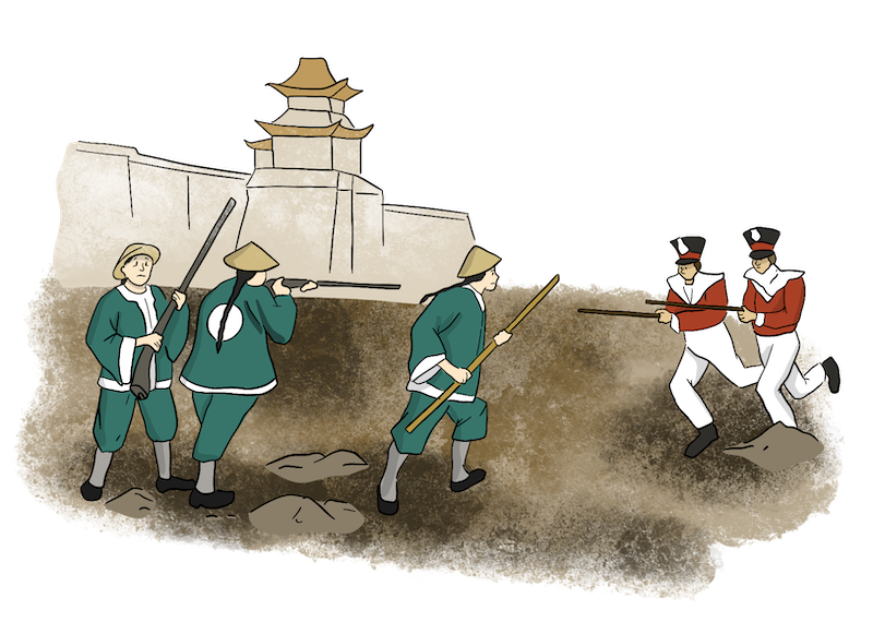 An Illustrated Chinese army is shown fighting another army during one of the wars that broke out.