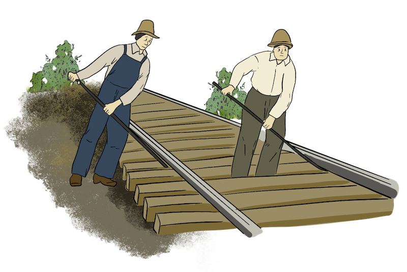 Two Illustrated Chinese workers are doing manual labour to build the railway.