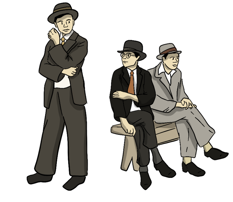 Three Illustrated Chinese men are sitting together in suits and hats on a bench.