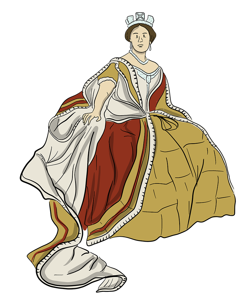 An illustration of the Queen of England is shown, with her fancy dress, crown, and jewelry.