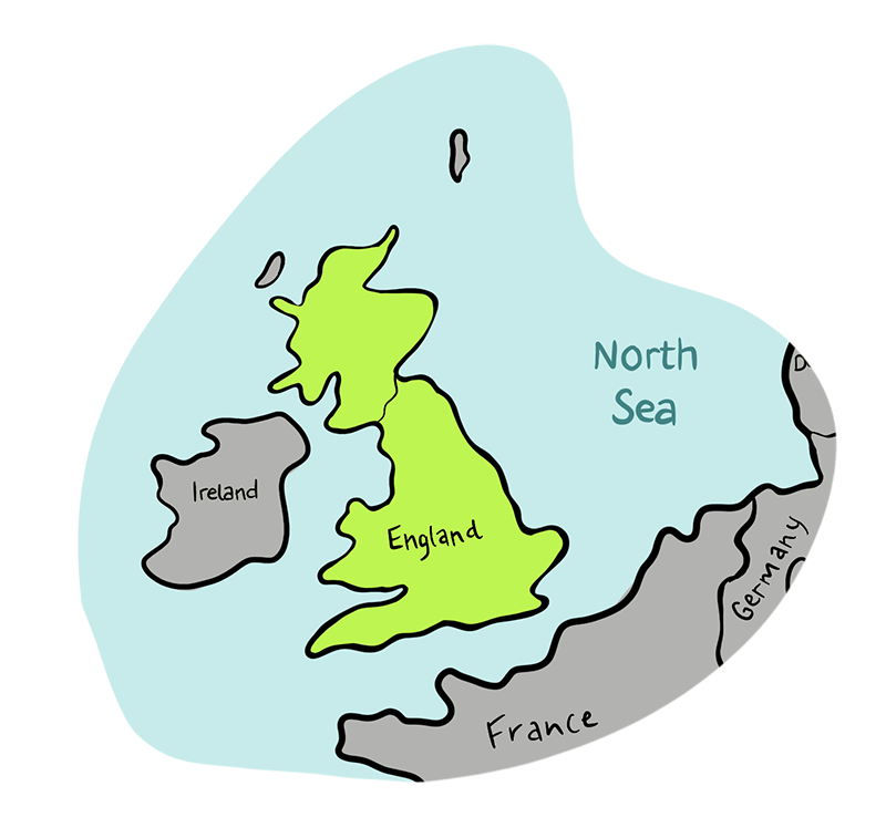 A map illustration of England and the surrounding countries of Ireland, France, and Germany is shown. England, Scotland, and Wales are highlighted.
