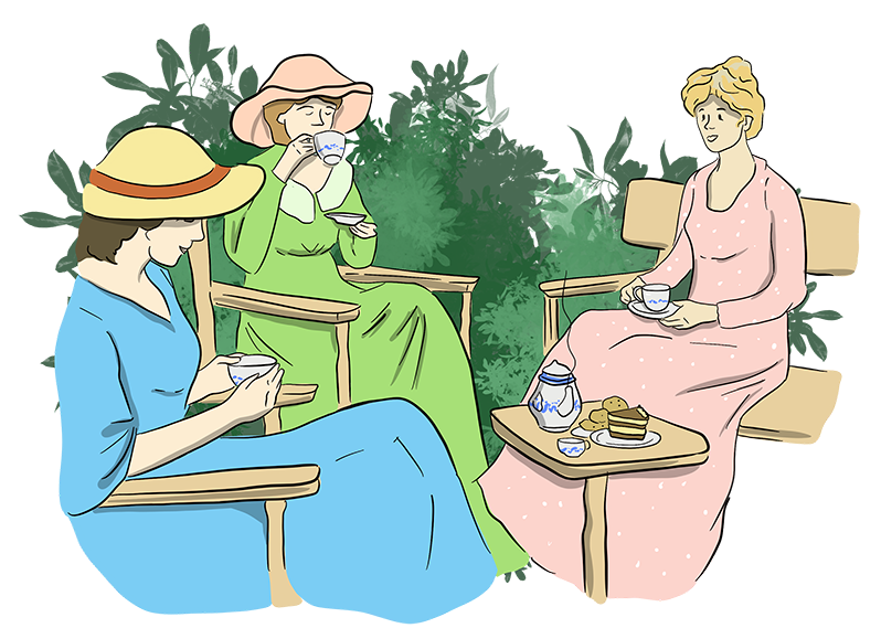 Three women dressed In full-length dresses and hats sit down for tea and snacks.