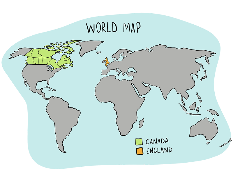An Illustrated world map shows the countries of Canada and England, highlighted in green and orange, respectfully.