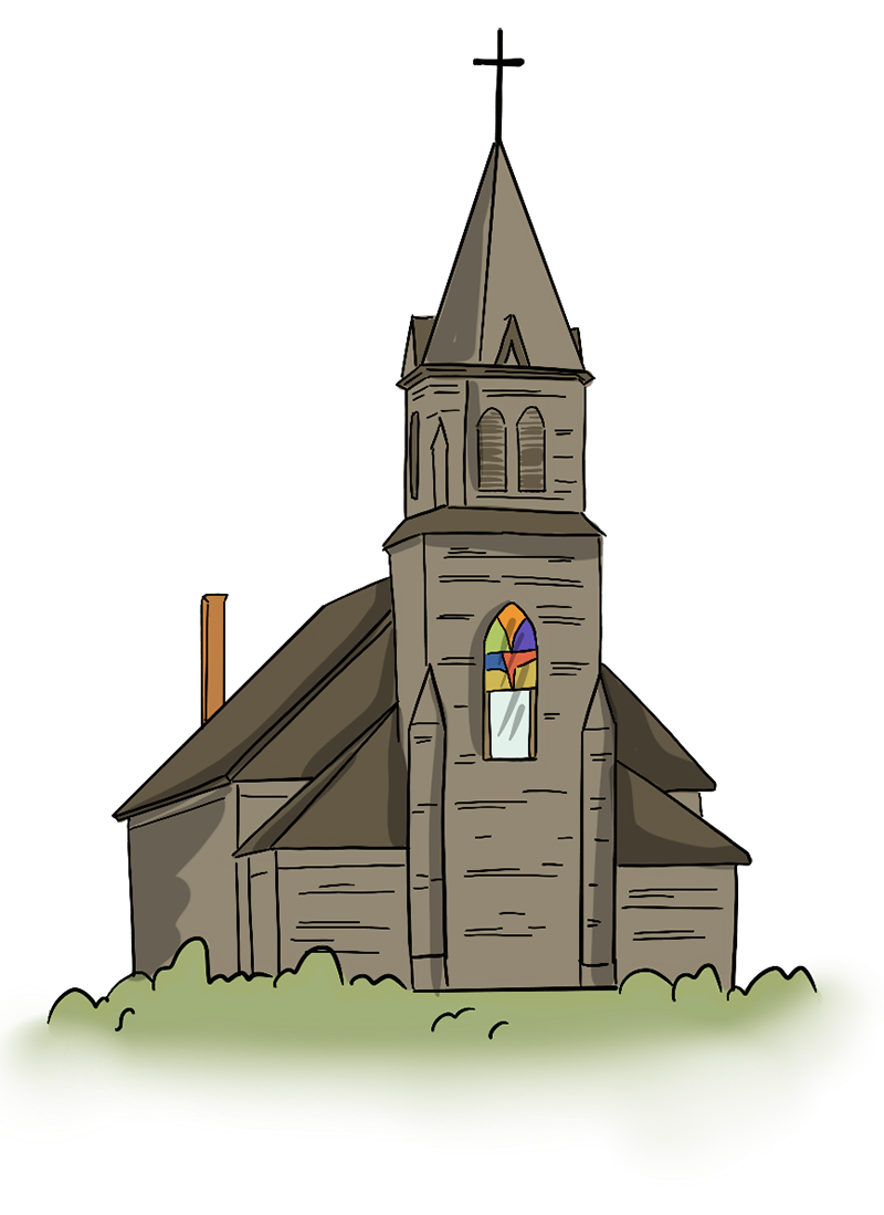 An Illustrated wooden church is shown with a cross on the top of the building and a stained-glass window.