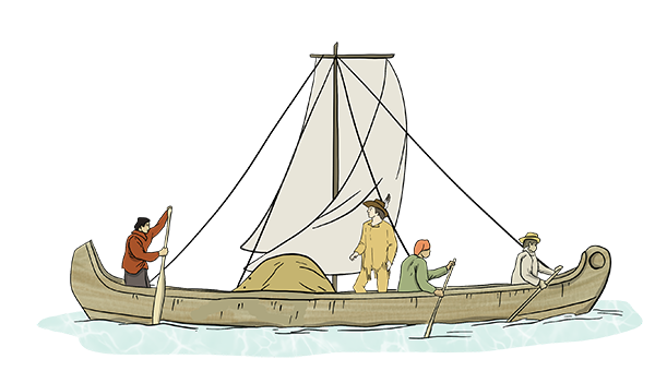 An Illustrated york boat travels on a river with four fur traders and some goods to trade to the First Nations people.