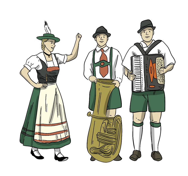 An illustrated German band plays instruments and are wearing traditional German clothing.