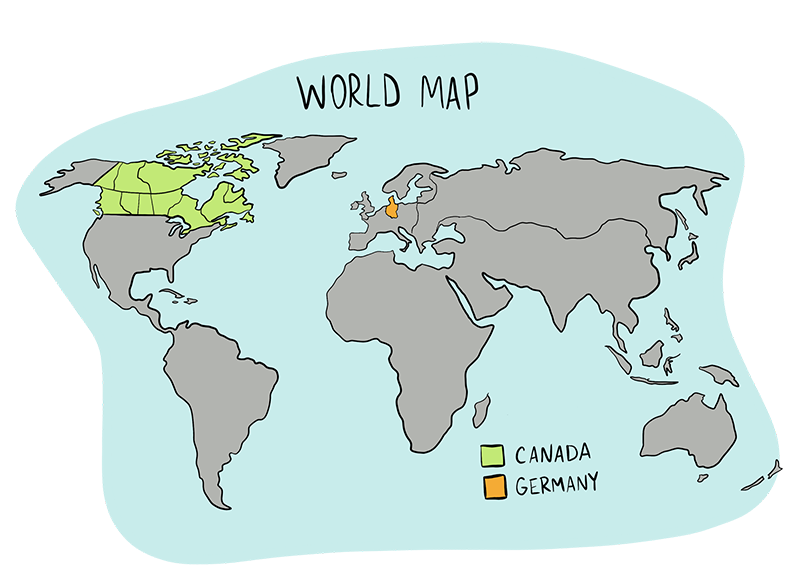 An Illustrated world map highlights the countries of Canada and Germany.