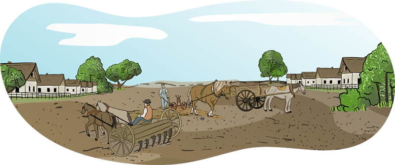 An illustrated man rides on a seeder that is being pulled by horses. Another man ploughs the soil. A horse pulling a cart and a number of colony houses are in the background.