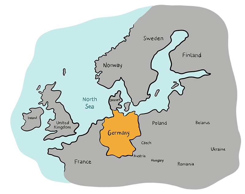 A map illustration highlights the country of Germany and its surrounding countries are also shown including Poland, Denmark, the Netherlands, France, Switzerland, Austria, etc.