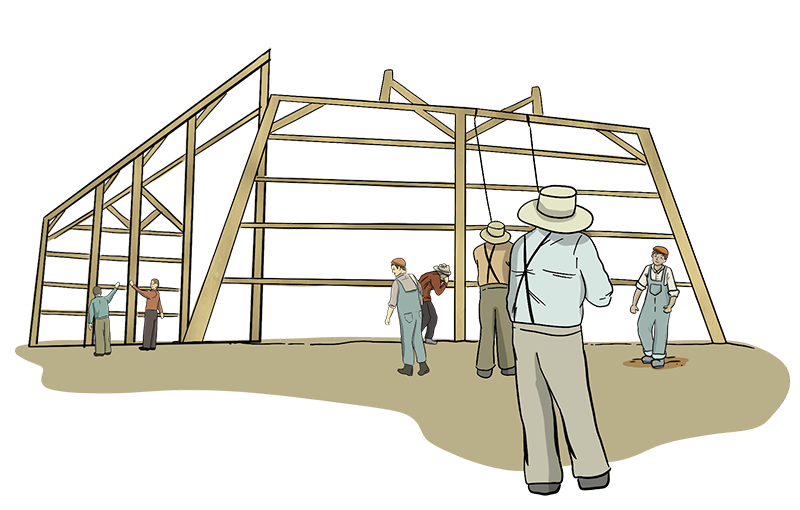 An illustrated group of people work together to raise a barn wall. 