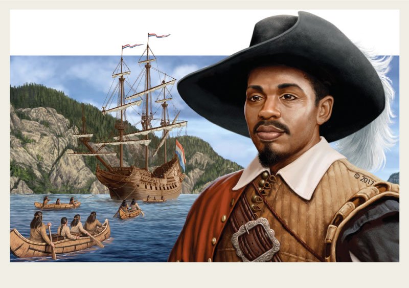 Past-Immigration-HistoryofSlavery-decosta An illustration of Mathieu DaCosta wearing period clothing from the 1600s is shown with a sailboat in the background.