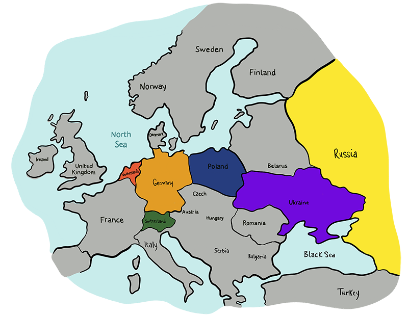 Past-Immigration-Hutterite-History-germanymap A map illustration is highlighting the Netherlands, Germany, Poland, Ukraine, Russia, and Switzerland. This map also shows the surrounding countries of Norway, Sweden, United Kingdom, France, Italy, Ireland, Finland, Belarus, Austria, Hungary, Romaine, etc.