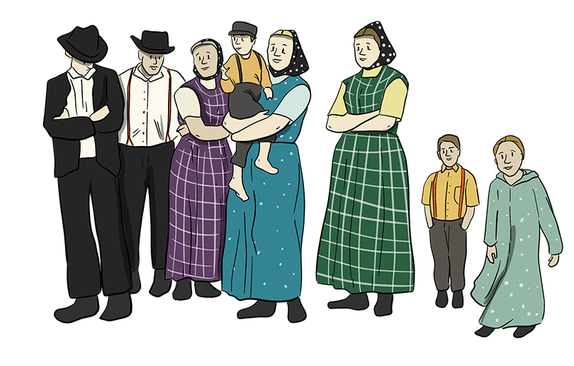 Past-Immigration-Hutterite-peoplegroup An Illustrated group of Hutterites are gathered together. The women wear dresses with polka dots and plaid patterns, with bonnets. The men wear black pants, black jackets, white shirts, and suspender