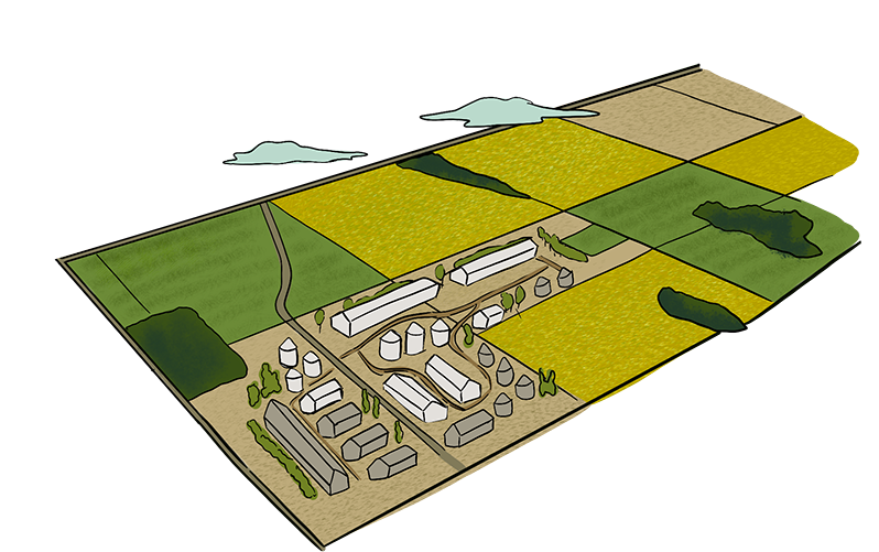 Past-Immigration-Hutterite-settlement An illustrated aerial view of a Hutterite colony shows how large it is, and how many various buildings are required.