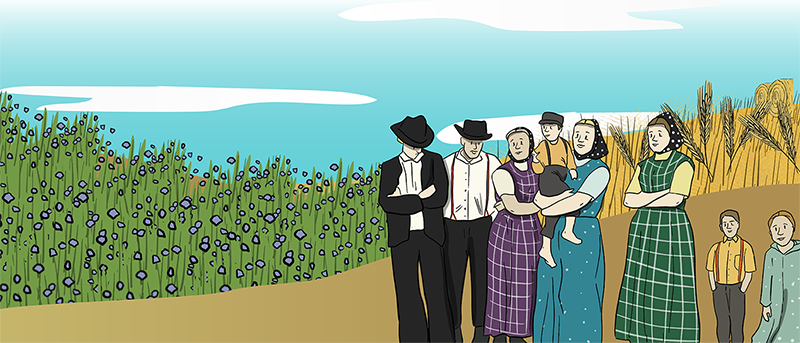 A group of Hutterites are gathered in front of a field of wheat and flax.