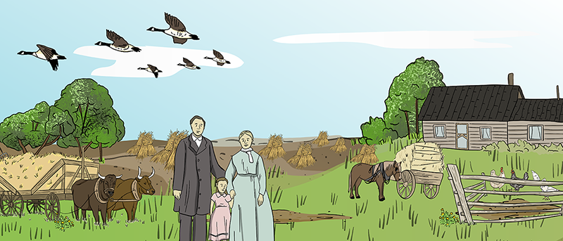 A couple with their young daughter stand in front of their homestead. A wooden house, a couple of hay carts, horses, oxen, and chickens can be seen in the background.